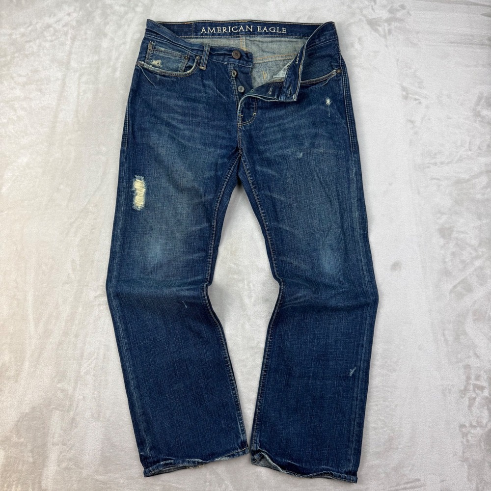 Vtg American Eagle Jeans Mens 34x31 Blue Low Rise Bootcut Distressed Y2K Denim